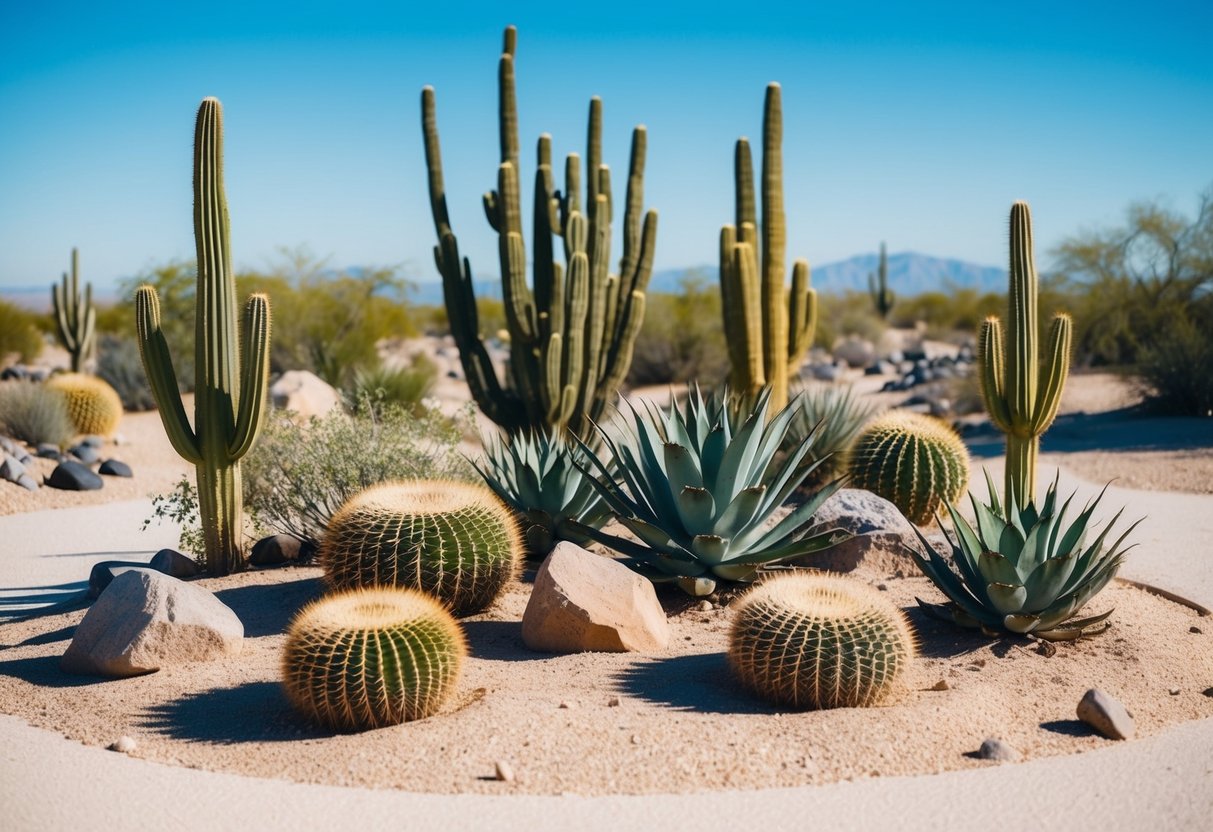A desert landscape with cacti, succulents, and rocks arranged in a xeriscaped garden. Sand and dry soil surround the plants, with a backdrop of a clear blue sky
