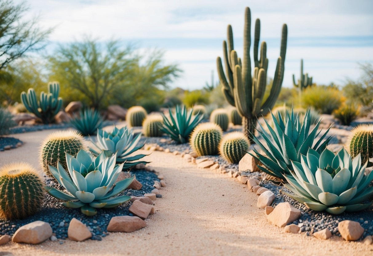 A desert garden with cacti, succulents, and drought-resistant plants arranged in a sand-colored landscape with rocks and gravel pathways