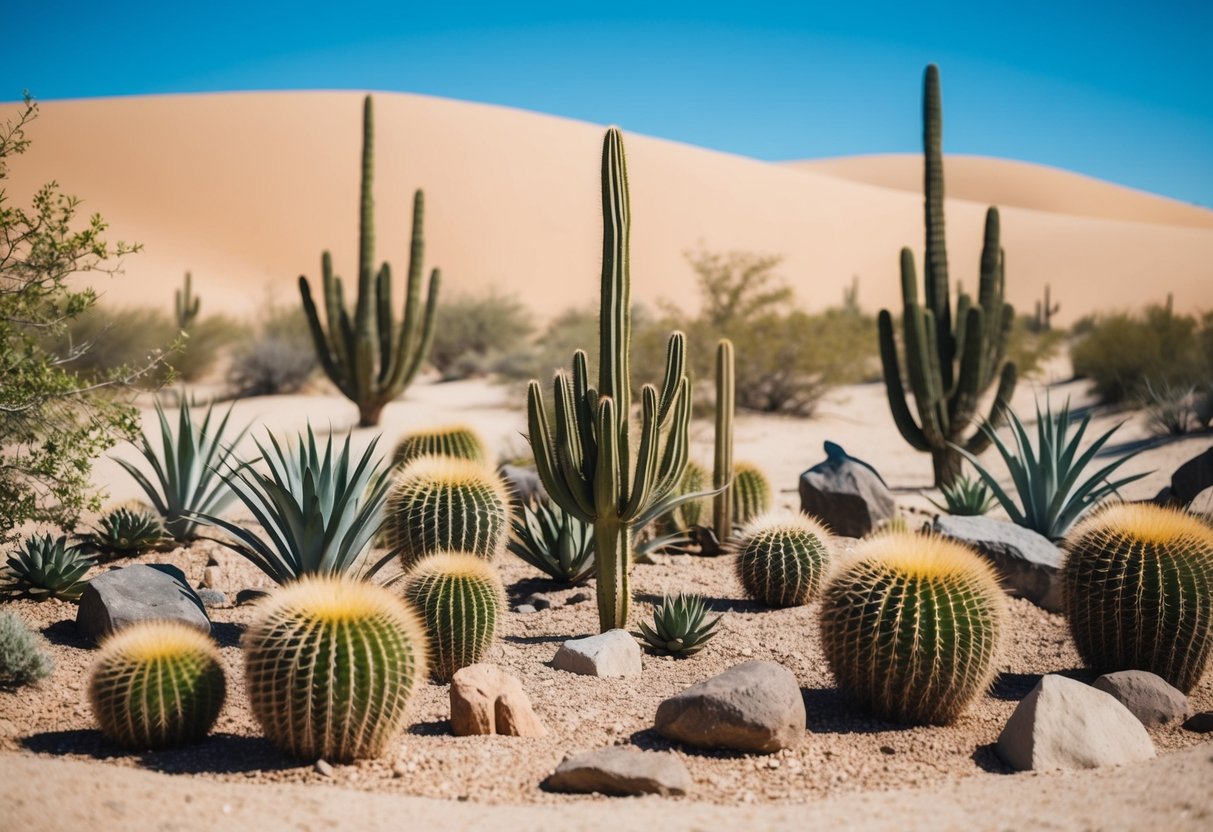 A desert garden with cacti, succulents, and rocks arranged in a dry landscape with a backdrop of sandy dunes and a clear blue sky
