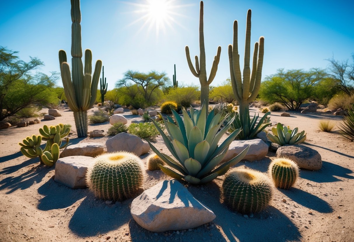 A desert landscape with cacti, succulents, and rocks arranged in a xeriscaped garden. The sun is shining brightly in the cloudless sky, casting harsh shadows on the dry, sandy ground