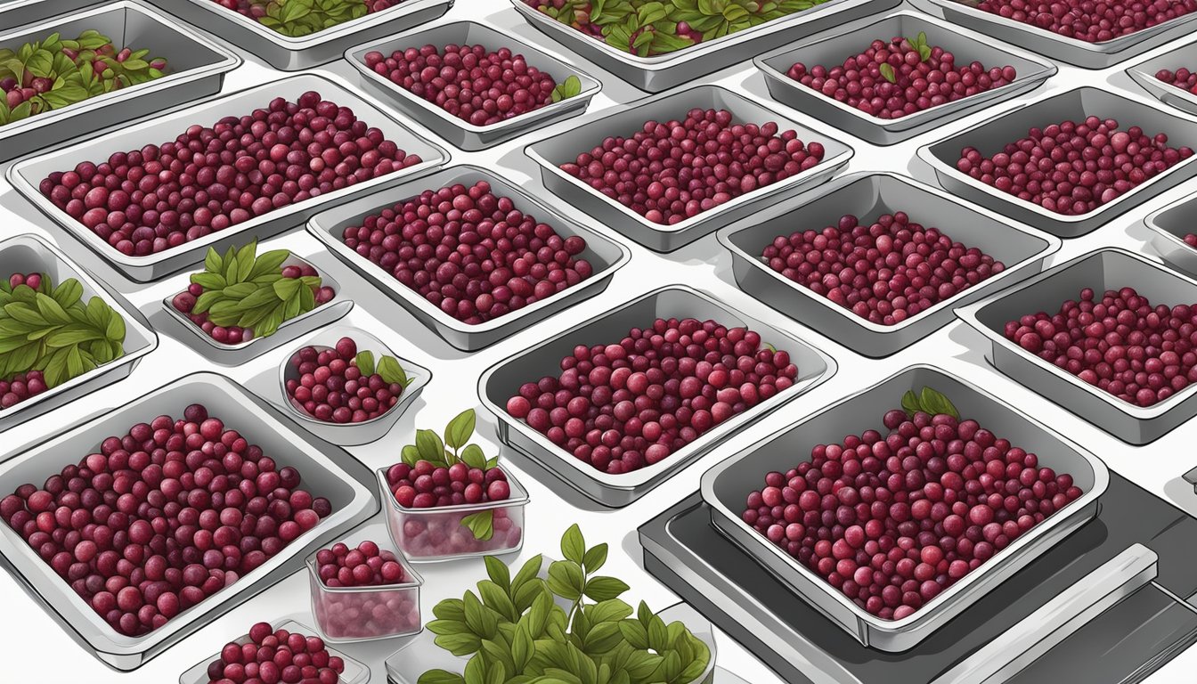 Fresh cranberries being placed on dehydrator trays, set to a low temperature, and left to dry for several hours