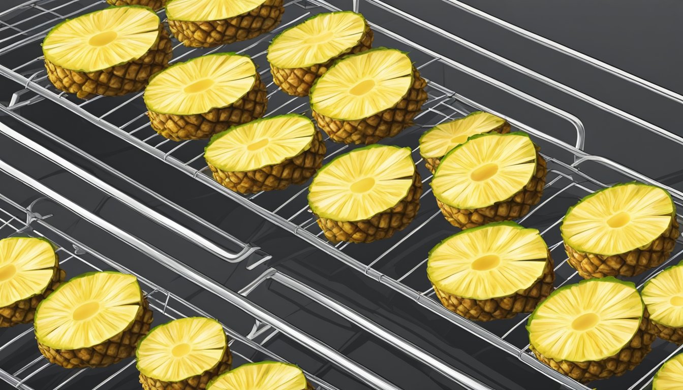 Fresh pineapple slices arranged on a wire rack inside a preheated oven, with warm air circulating around them as they dehydrate