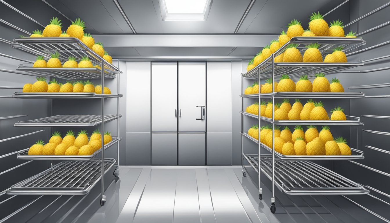 Fresh pineapple slices arranged on wire racks in a preheated oven, with the door slightly ajar