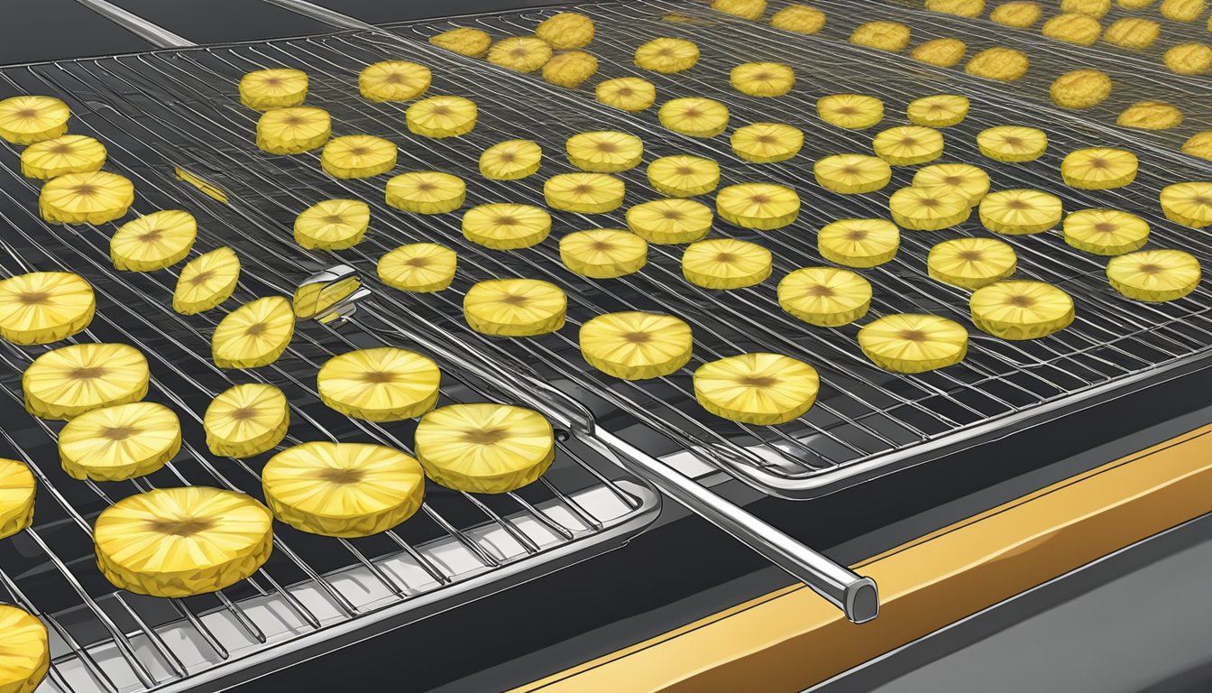 Fresh pineapple slices laid out on a wire rack inside a preheated oven, with the warm air circulating to slowly dehydrate the fruit