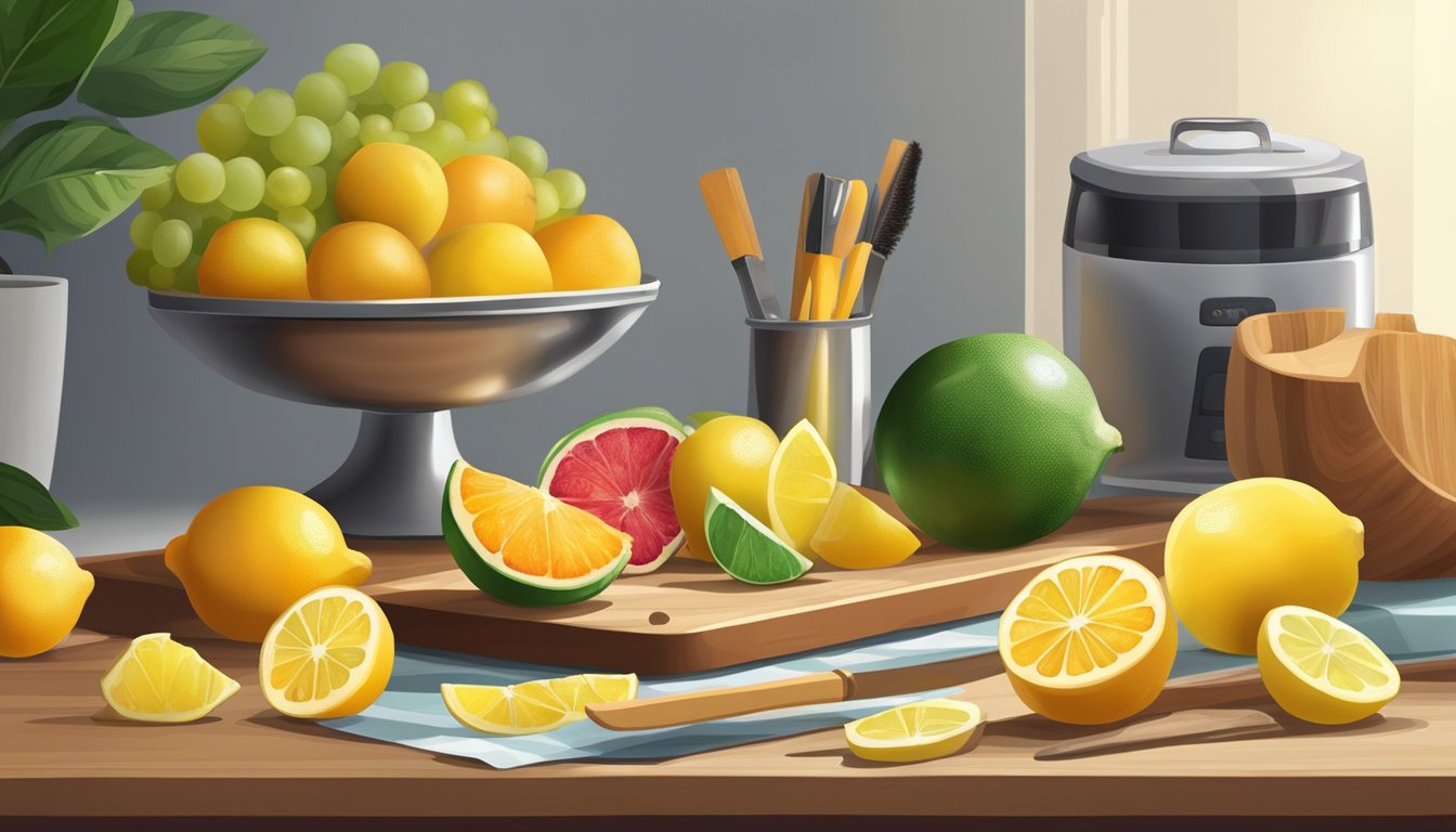 Fresh fruit arranged on a cutting board next to a knife and dehydrator, with a bowl of lemon juice and a brush for coating the fruit slices