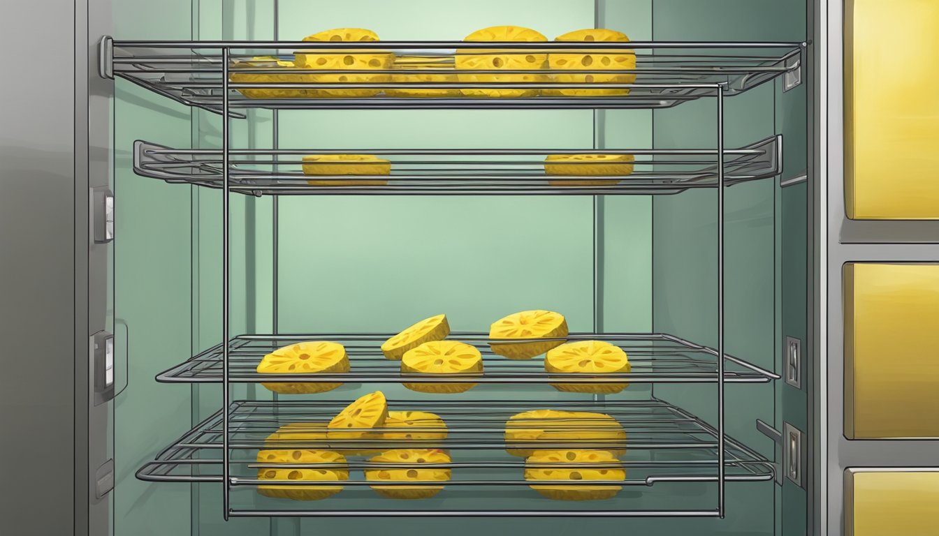 Fresh pineapple slices arranged on wire racks in a preheated oven, with the door slightly ajar to allow for dehydration