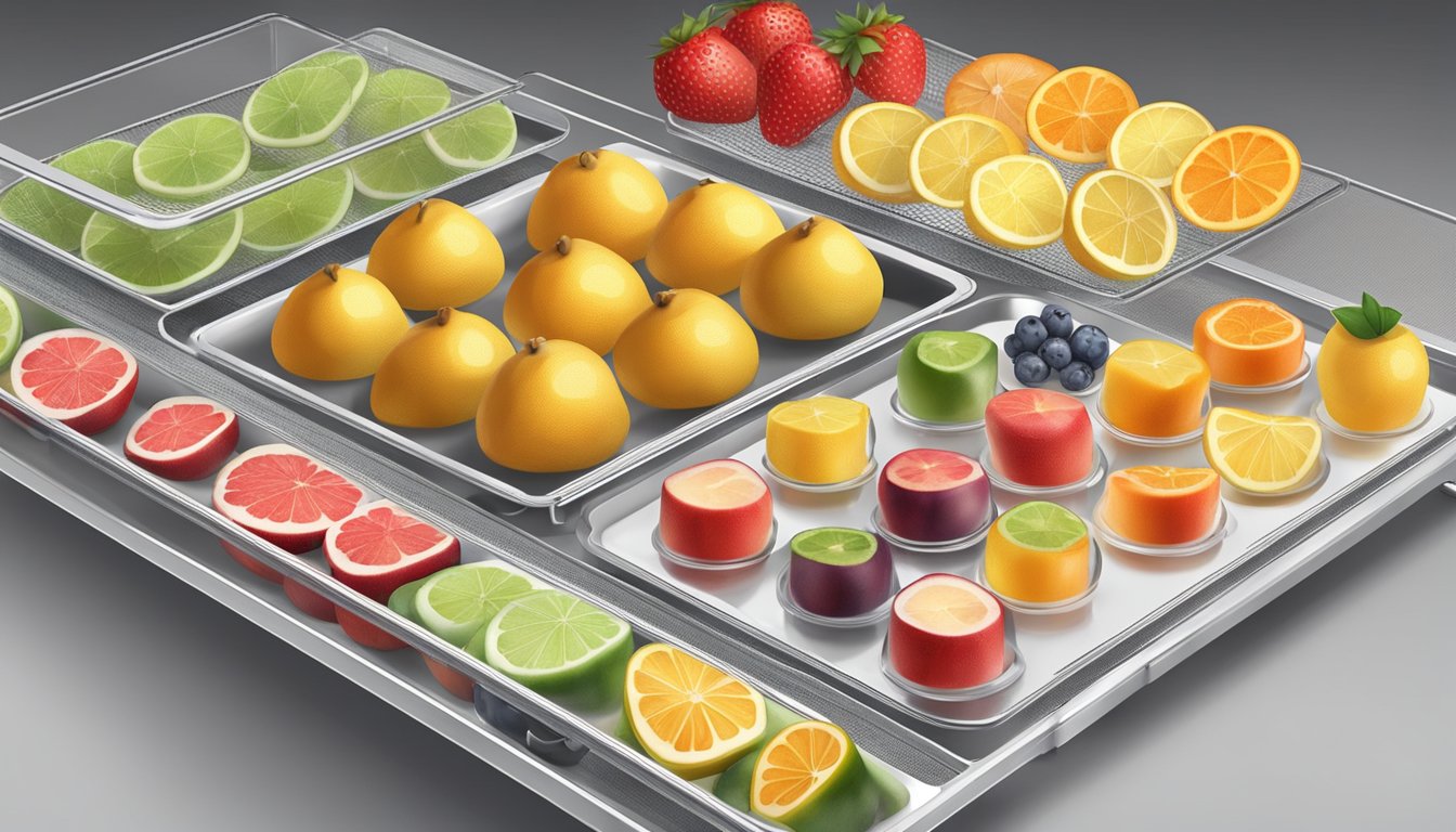 A variety of sliced fruits spread out on mesh dehydrator trays, with a timer set nearby