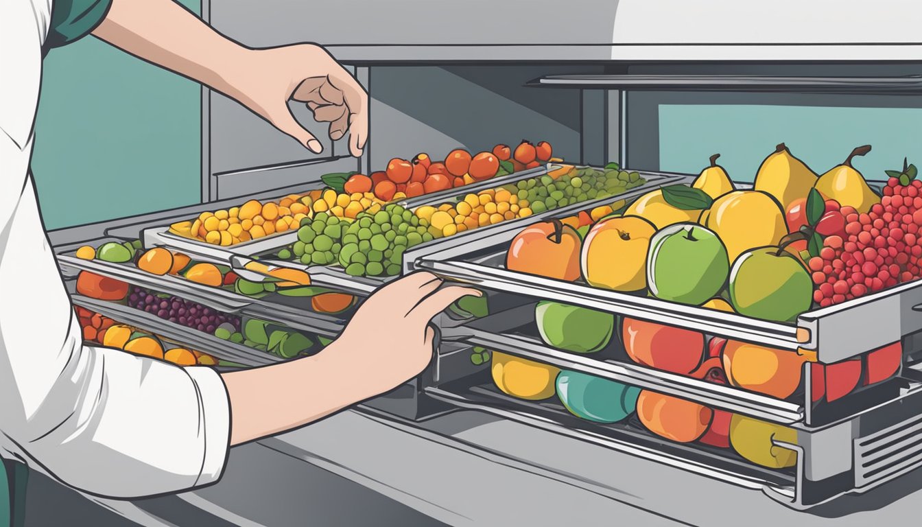 A person placing various fruits onto dehydrator trays