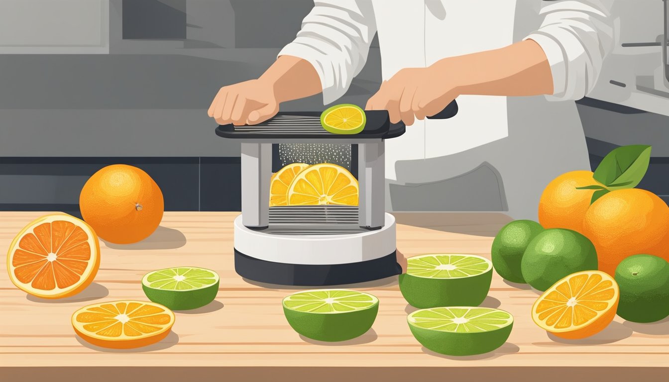 Citrus fruits laid out on a cutting board, being sliced into thin rounds with a sharp knife. A dehydrator sits nearby, ready to receive the sliced fruit for drying