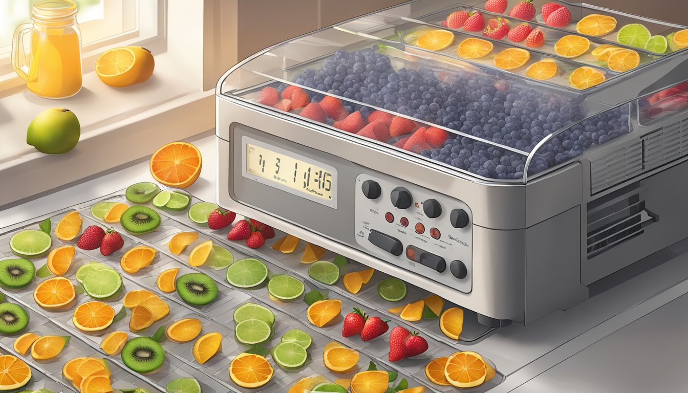 Fresh fruit slices arranged on dehydrator trays, with temperature and timer settings visible. A small pile of overripe fruit sits nearby