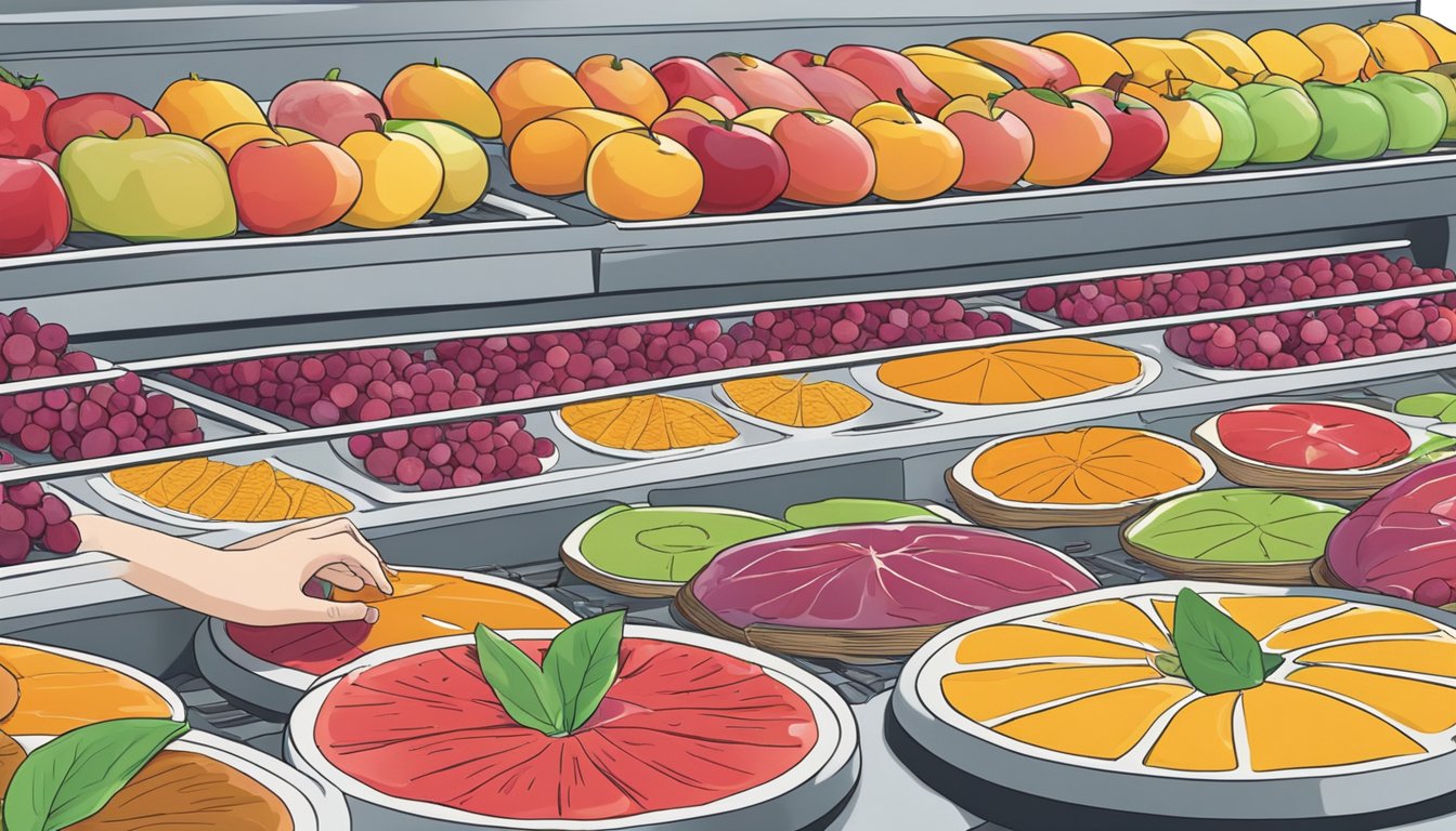 Fresh fruit slices arranged on dehydrator trays, with a person cleaning the machine in the background