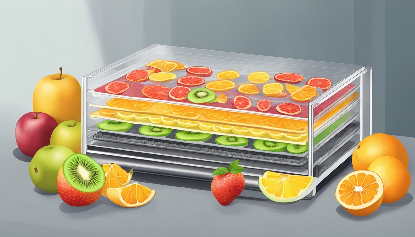 Fresh fruit slices arranged on dehydrator trays, with the machine set to low heat