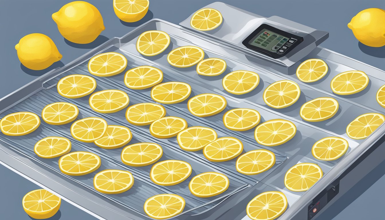 Fresh fruit slices arranged on dehydrator trays, with the machine's temperature and timer settings visible. A bowl of lemon water sits nearby for preserving the fruit