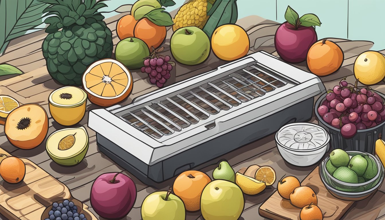 A variety of fresh fruits laid out on a cutting board next to a knife, cutting board, and a dehydrator with trays ready to be filled