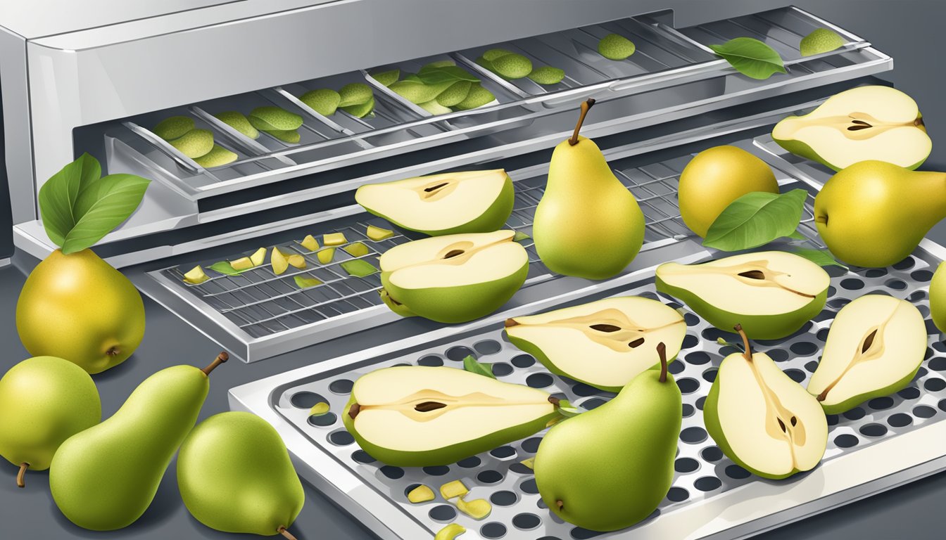 Fresh pears being sliced into even pieces and arranged on dehydrator trays