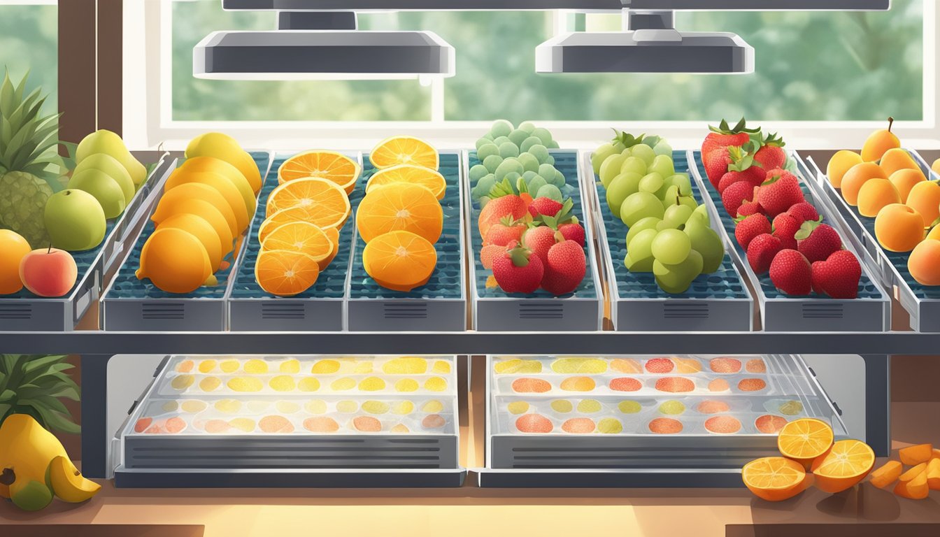 Fresh fruits laid out on dehydrator trays, with the machine set to a low temperature. Sunlight streaming through a nearby window