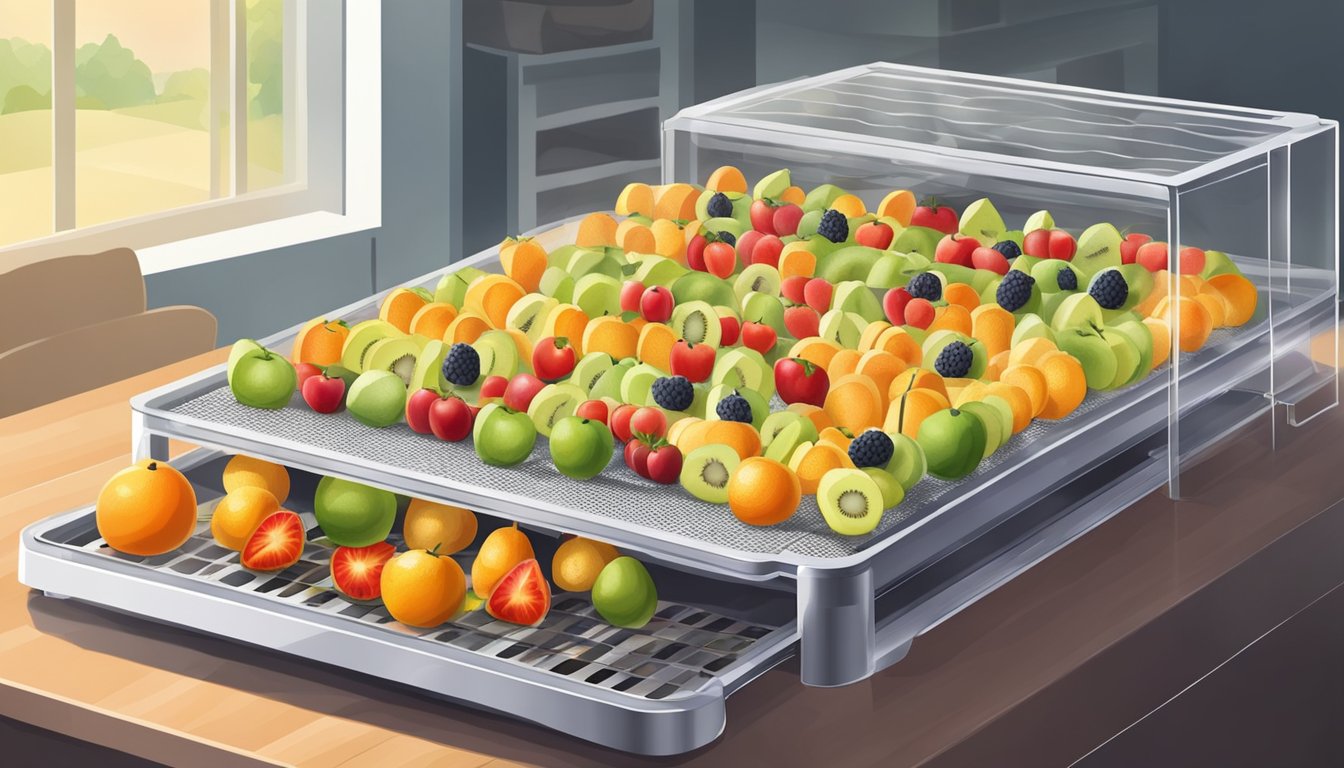 Fresh fruits arranged on dehydrator trays, with slices evenly spaced. A dehydrator machine set to low temperature in a well-lit kitchen