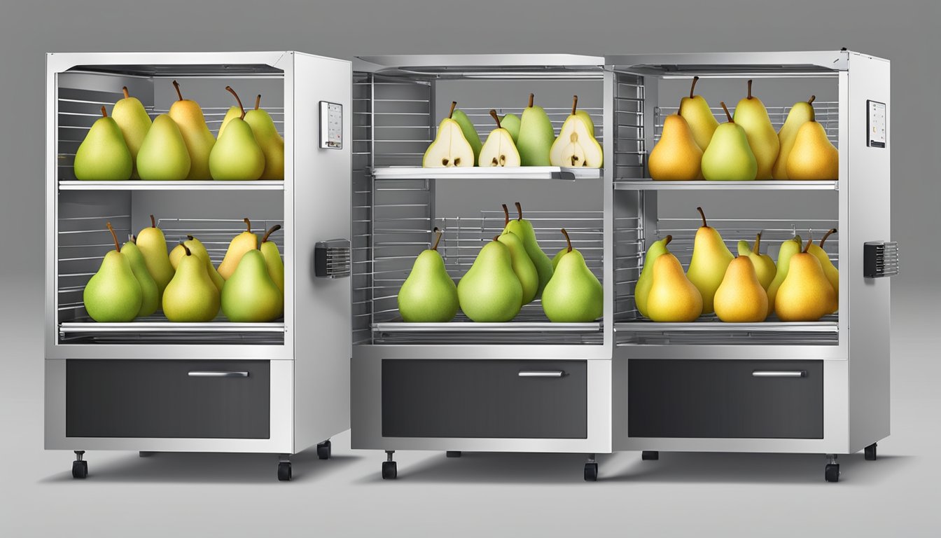 Fresh pears placed on dehydrator trays, machine set to low heat, warm air circulating, transforming the fruit into dehydrated pears