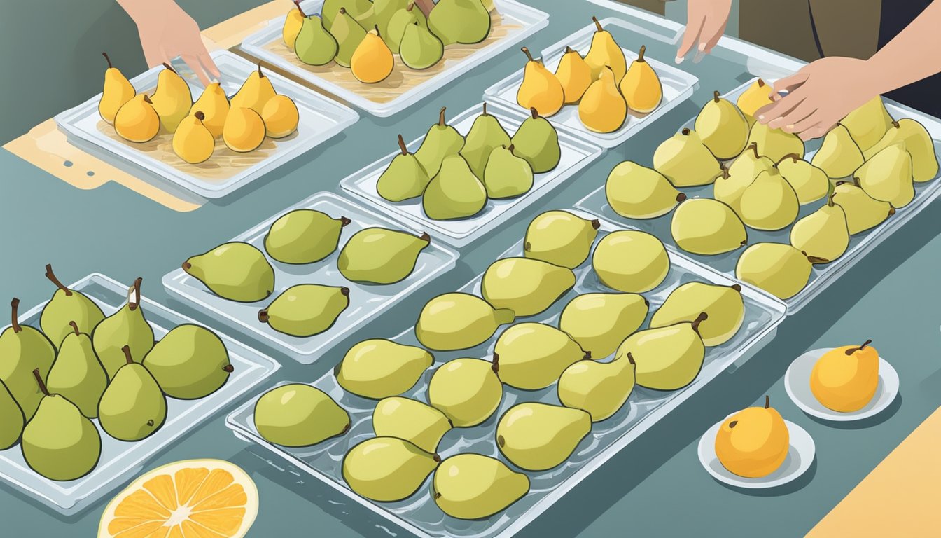 Slices of pears arranged on dehydrator trays, surrounded by bowls of water and a person enjoying the rehydrated fruit