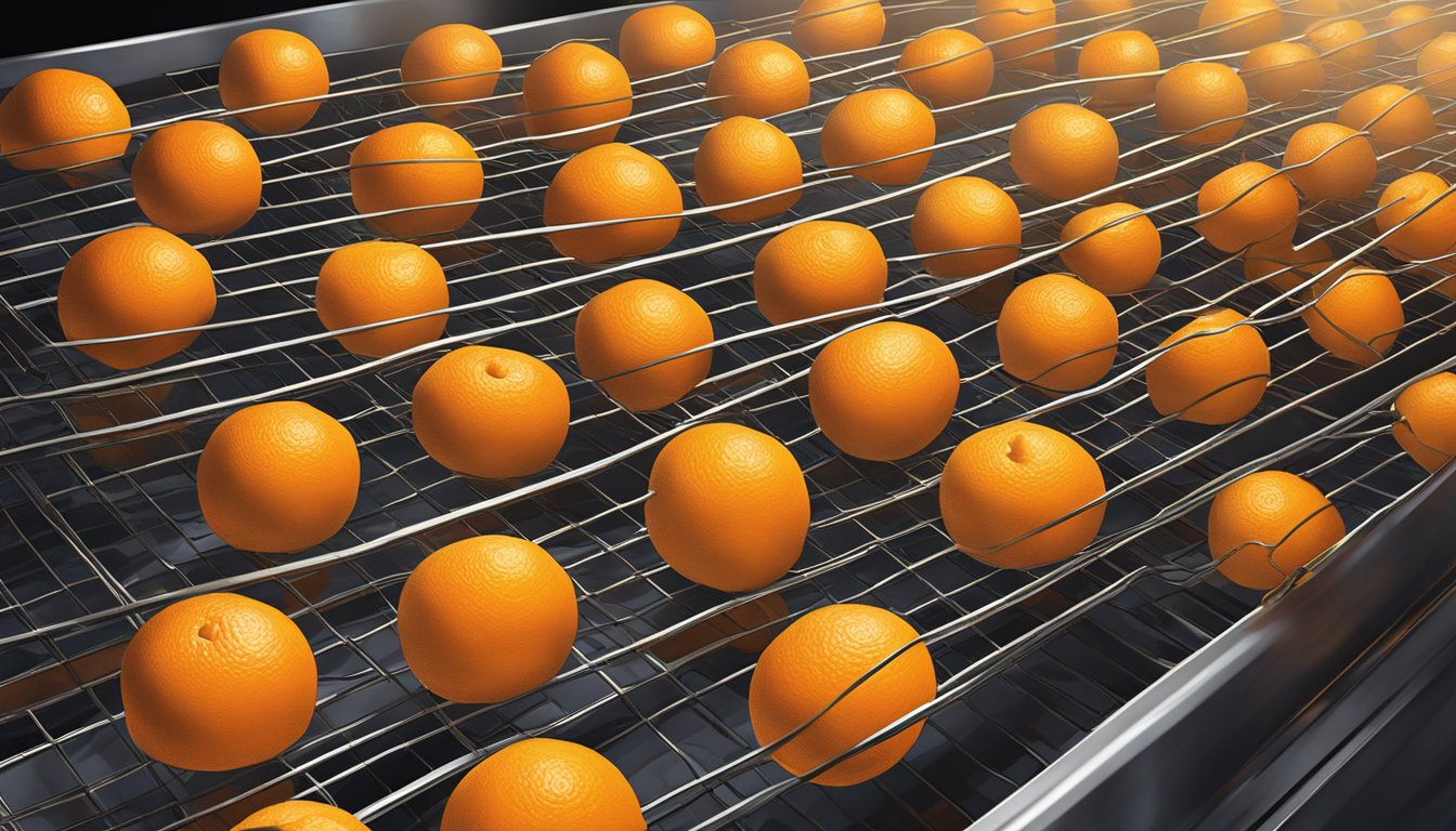 Fresh oranges arranged on a wire rack inside a preheated oven, with the warm glow of the oven light shining on them