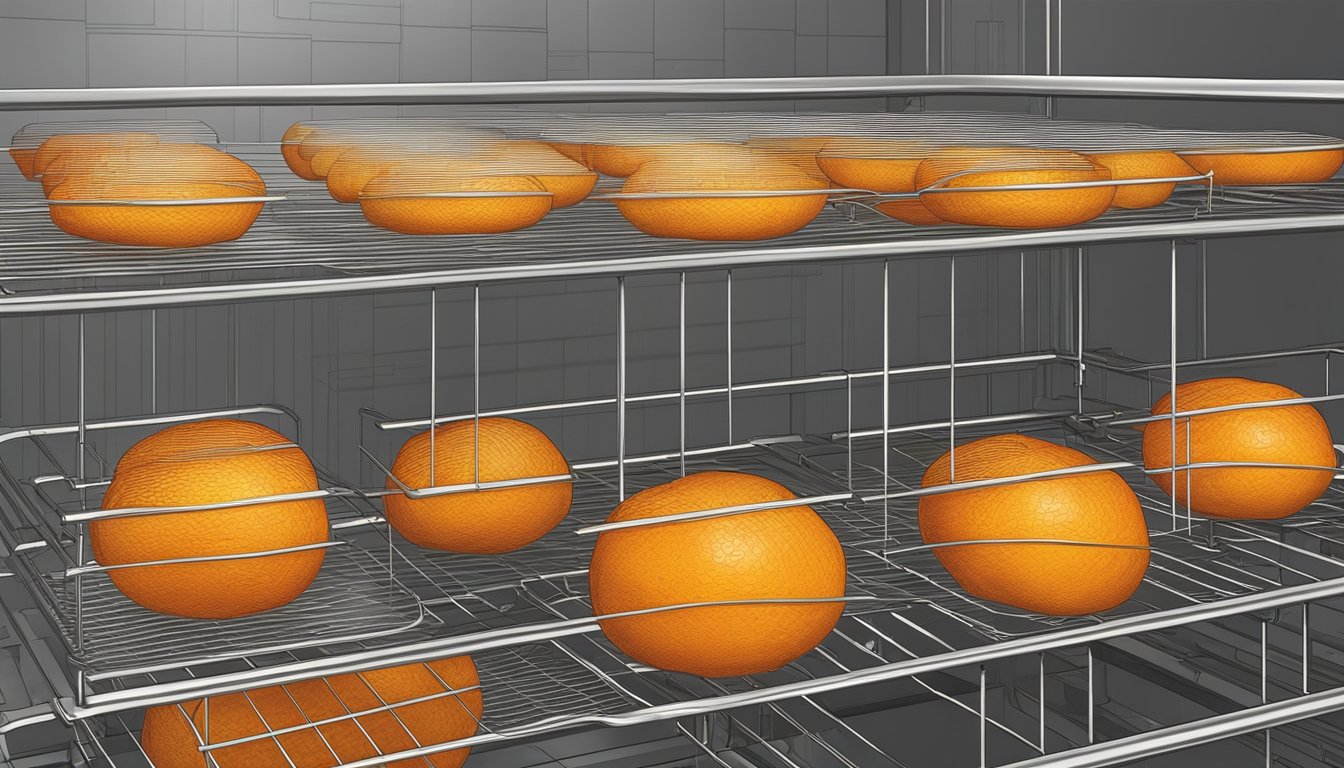 Fresh oranges sliced into thin rounds, arranged on wire racks in a preheated oven, with warm air circulating to slowly dehydrate them for decorative use