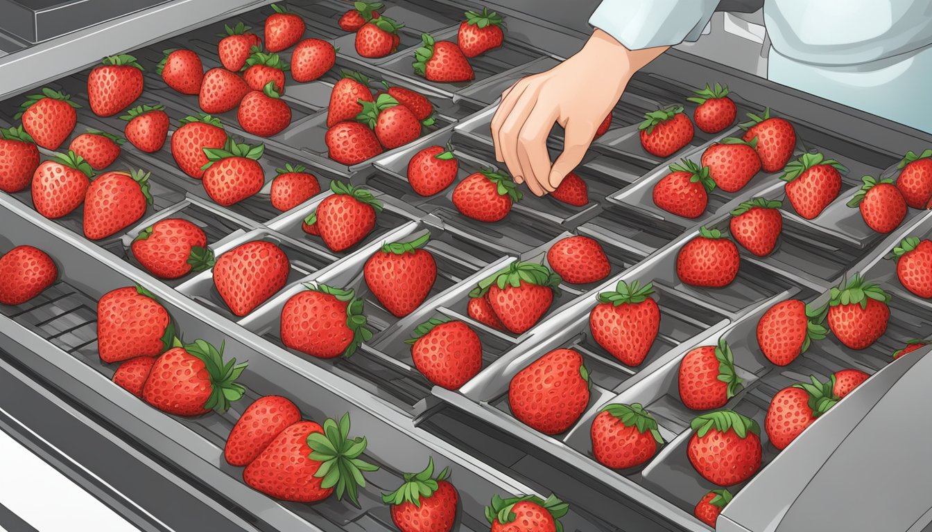 Fresh strawberries being carefully sliced and arranged on dehydrator trays, ready for the dehydration process