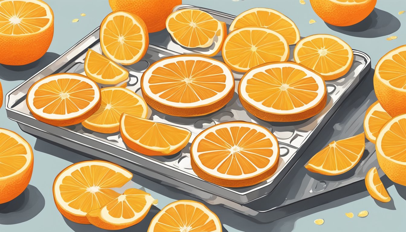 Bright orange slices arranged on dehydrator trays, steam rising as they dry, surrounded by scattered citrus peels and a bowl of fresh oranges