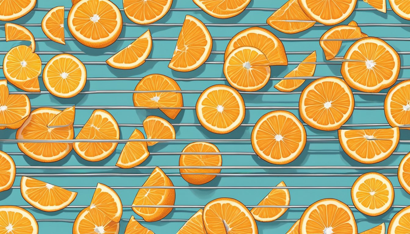 Slices of oranges arranged on a wire rack, positioned in front of a dehydrator machine