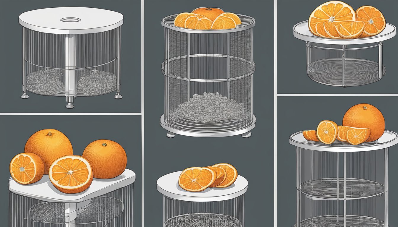 Oranges being sliced into thin rounds, arranged on a wire rack, and placed in a dehydrator