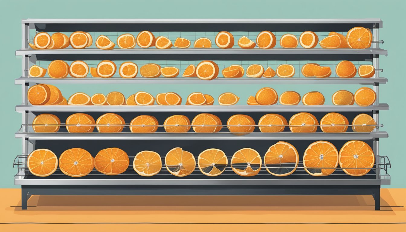 Oranges being sliced into thin rounds, arranged on wire racks, and placed in a dehydrator