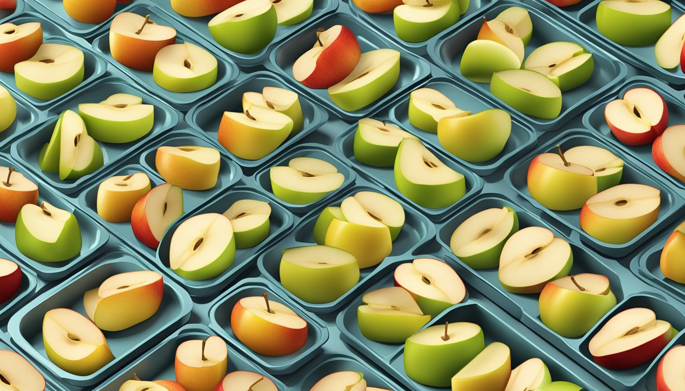 Fresh apple slices arranged on air fryer trays, with the air fryer set to the lowest temperature for several hours