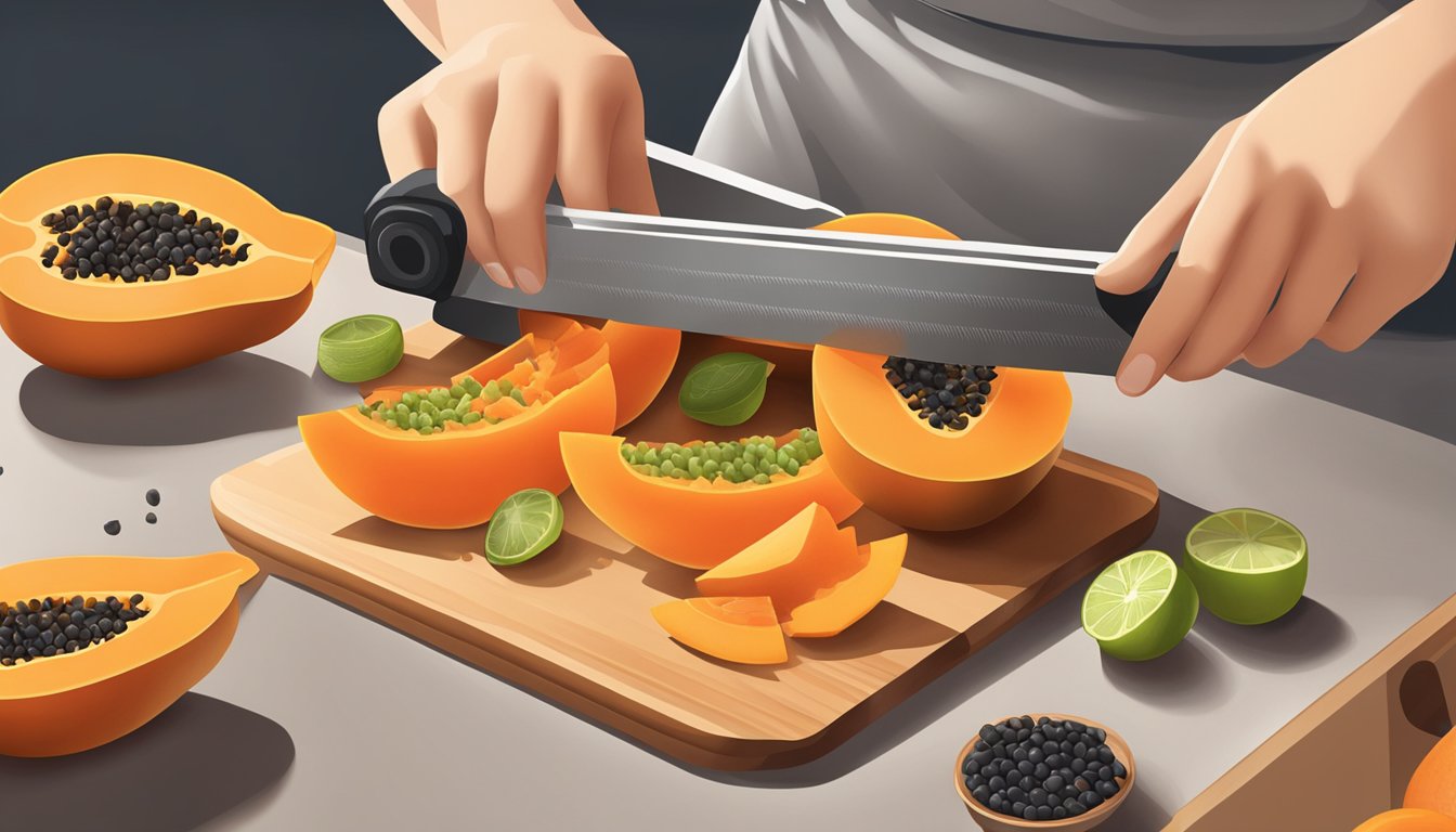 A ripe papaya being sliced into thin pieces on a cutting board, with a dehydrator in the background