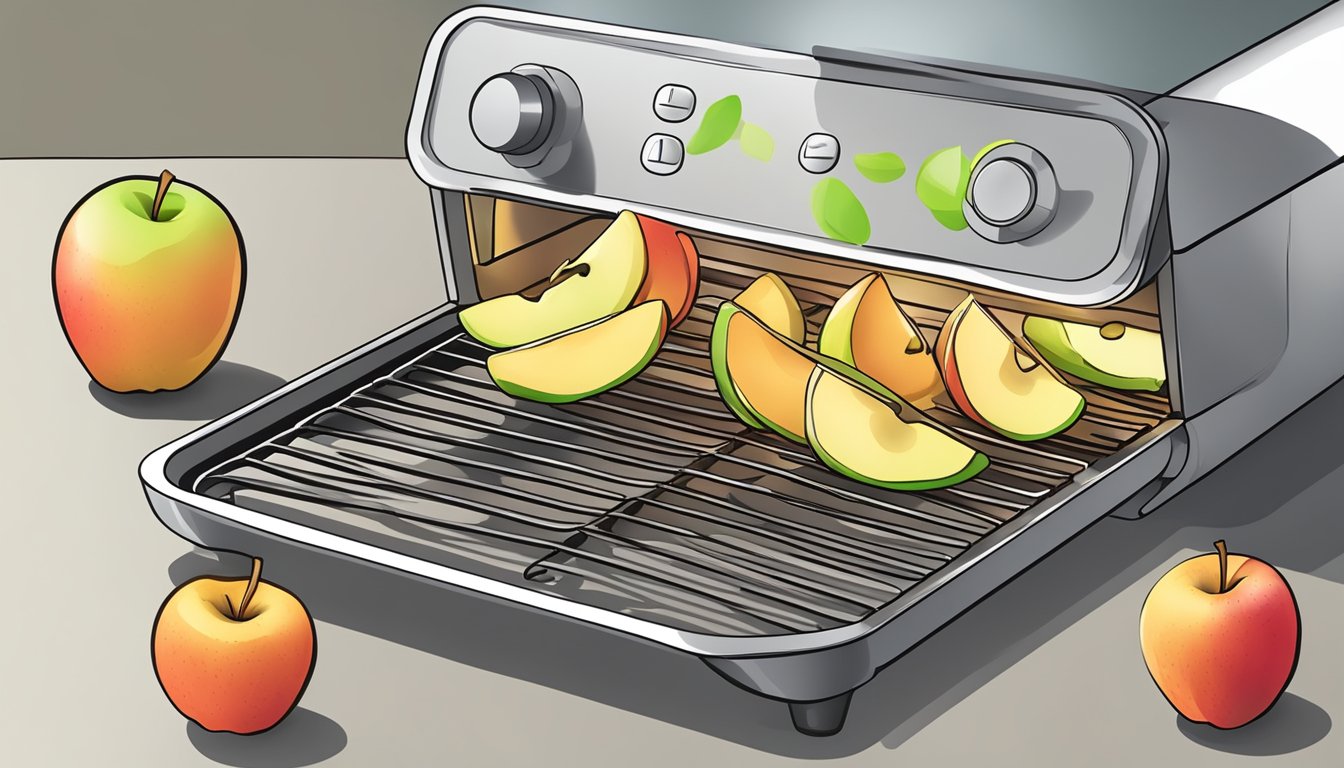 Fresh apple slices arranged on air fryer trays, with the air fryer set to the appropriate temperature and time for dehydration