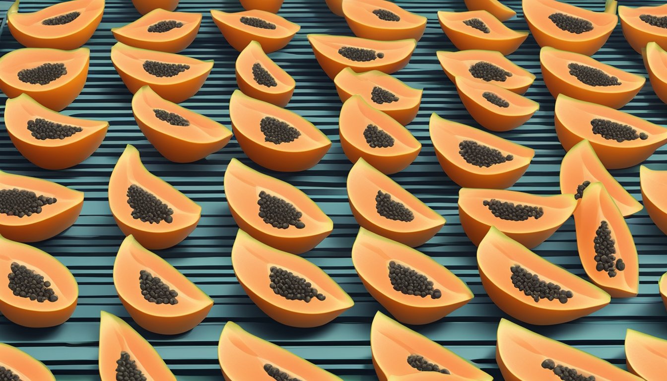 Ripe papaya slices arranged on a dehydrator tray, with the machine set to low heat