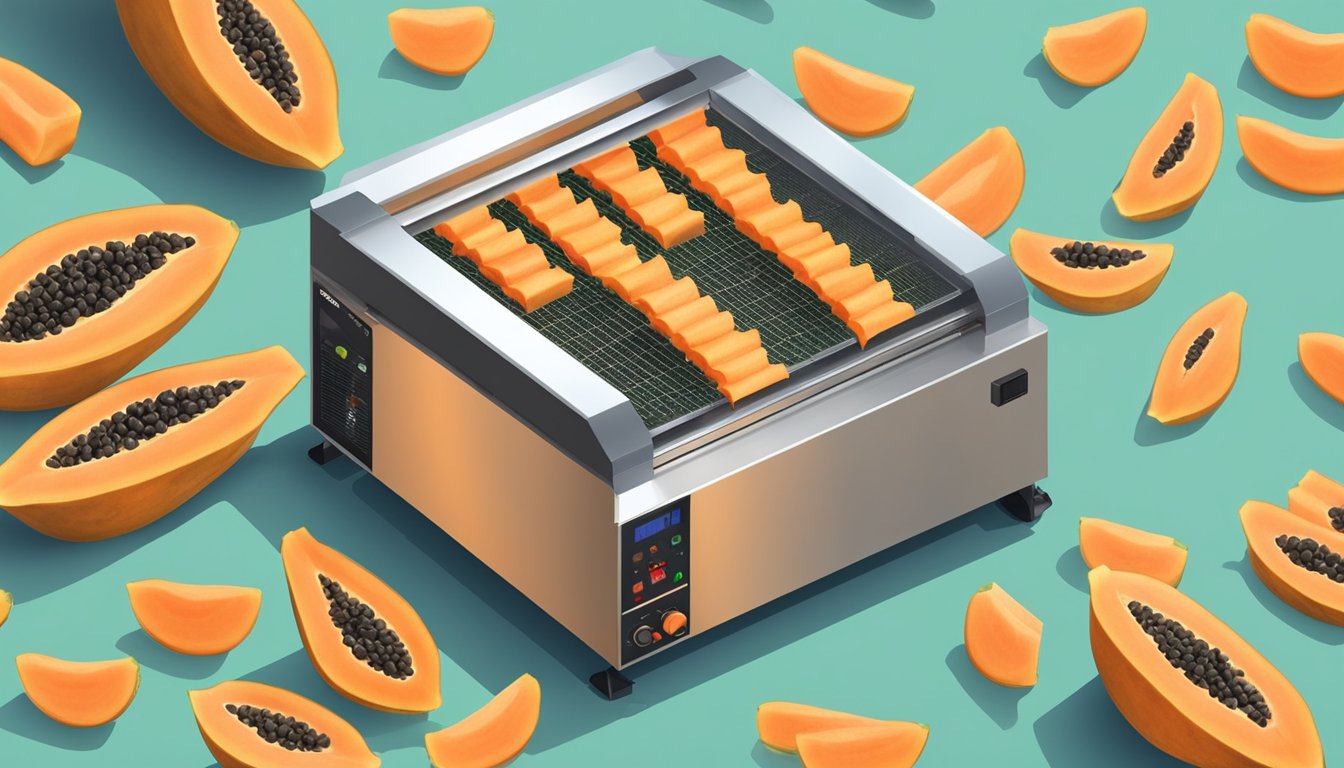 Fresh papaya slices laid out on dehydrator trays, with the machine running and emitting warm air