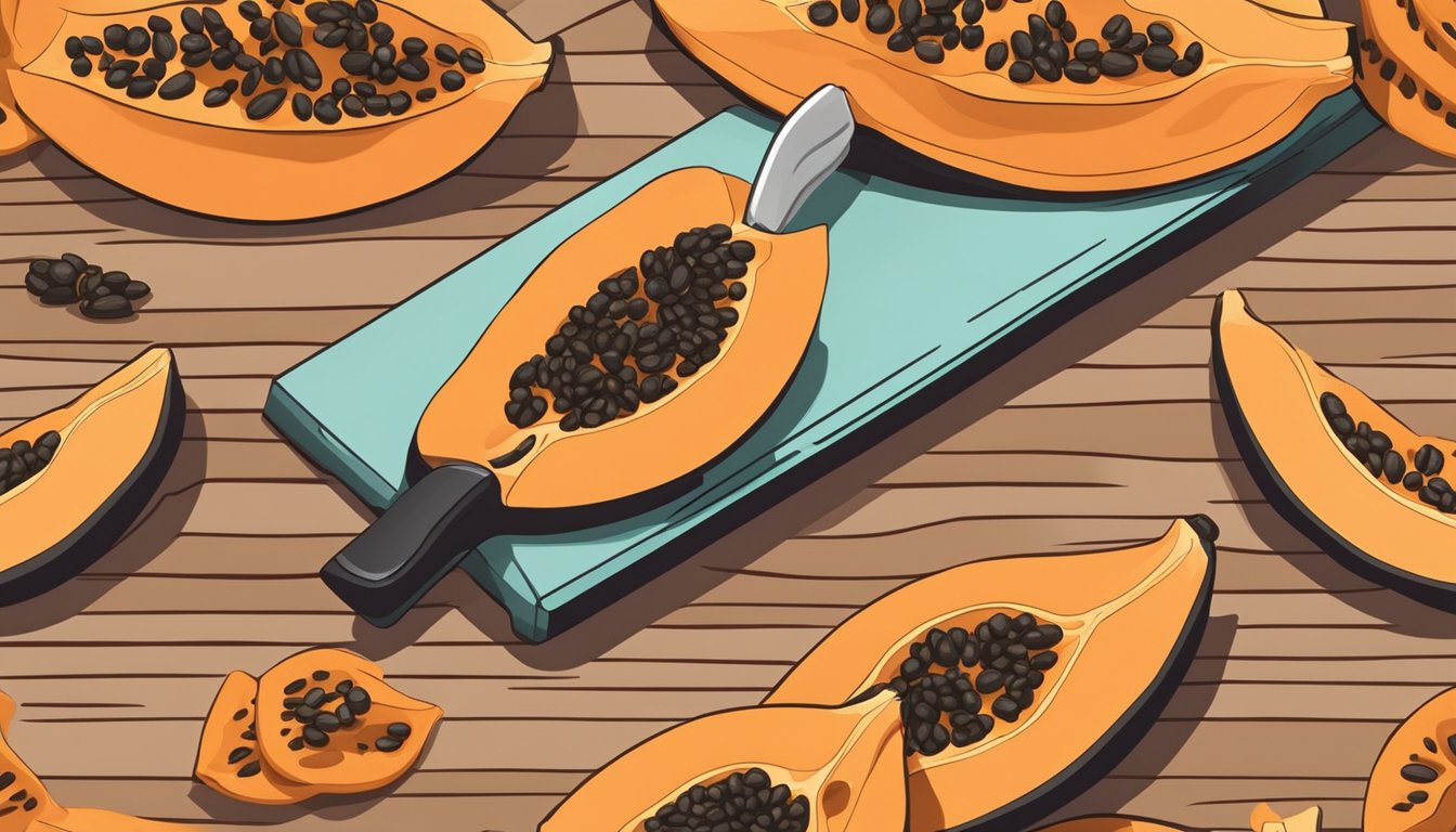 Dehydrated papaya slices arranged on a wooden cutting board, surrounded by fresh papaya, a dehydrator, and a knife