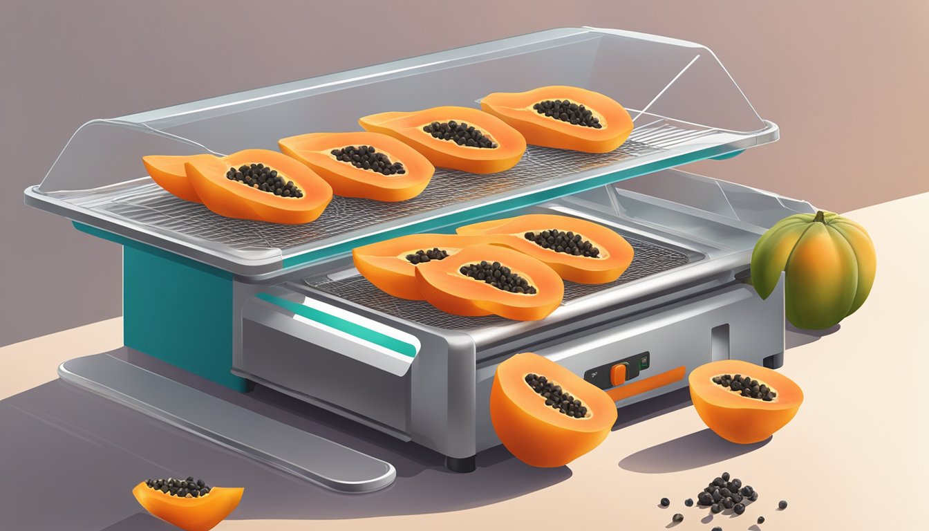 A vibrant papaya being sliced and placed on dehydrator trays, with warm air circulating around them