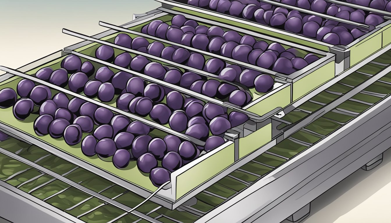 Fresh plums arranged on dehydrator trays, machine set to low heat, with plums slowly shrinking and turning into dehydrated plums