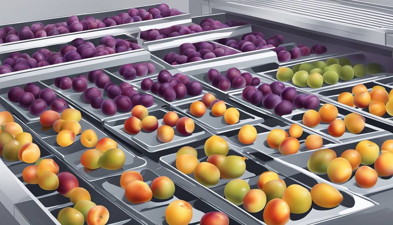 Plums being sliced and arranged on dehydrator trays, with the dehydrator machine in the background