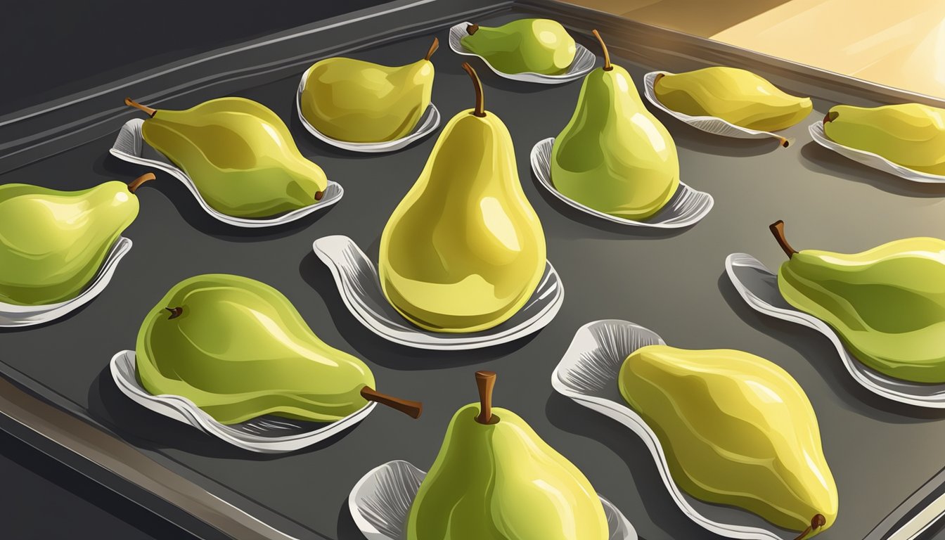 Fresh pears arranged on a baking sheet, slices spread out evenly, oven door open with warm light shining through