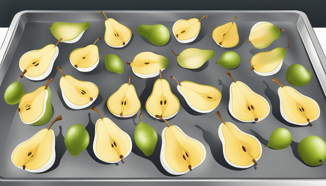 Fresh pears sliced on a baking sheet, placed in a preheated oven, with warm air circulating to dehydrate them