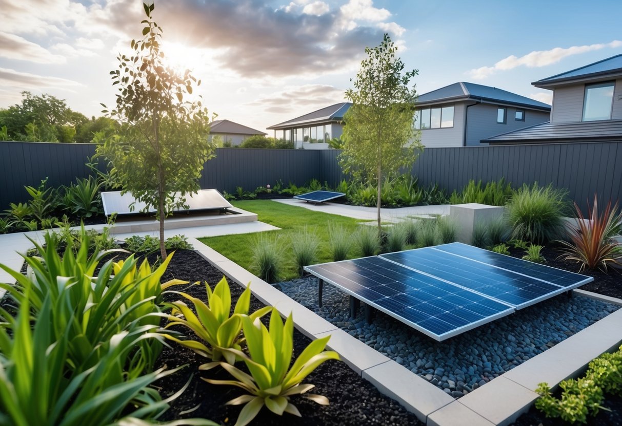 A modern landscaped garden with native plants, solar panels, and a rainwater harvesting system