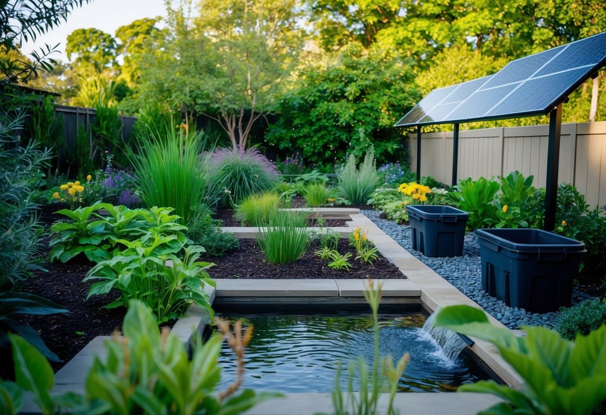 A lush garden with native plants, a rainwater harvesting system, and compost bins. Solar panels power the landscape lights and water features