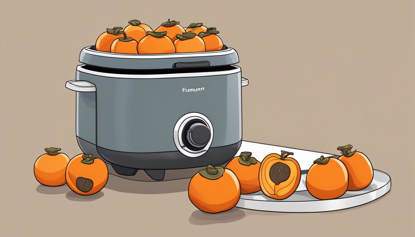 Ripe persimmons placed in a single layer inside an air fryer, with the machine set to the dehydrate function