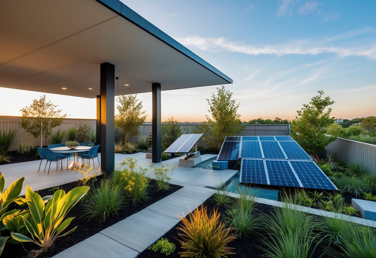 A modern outdoor space with native plants, solar panels, rainwater collection, and recycled materials