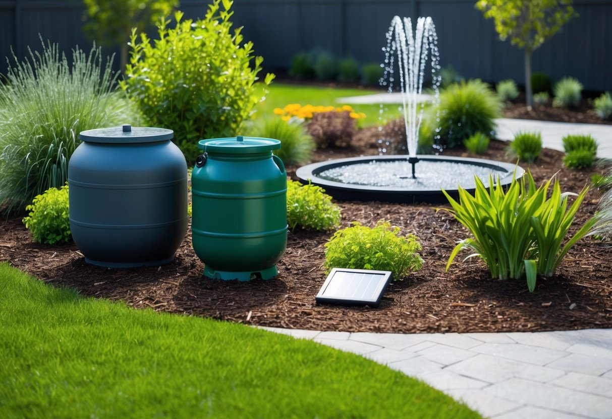 A modern landscaped garden with rain barrels, drip irrigation, native plants, and mulch. A solar-powered fountain and permeable paving complete the sustainable scene