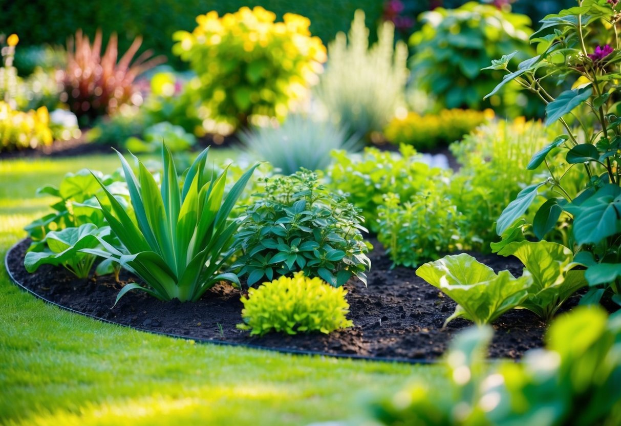 A lush, vibrant garden with diverse plant life, healthy soil, and sustainable landscaping practices in action