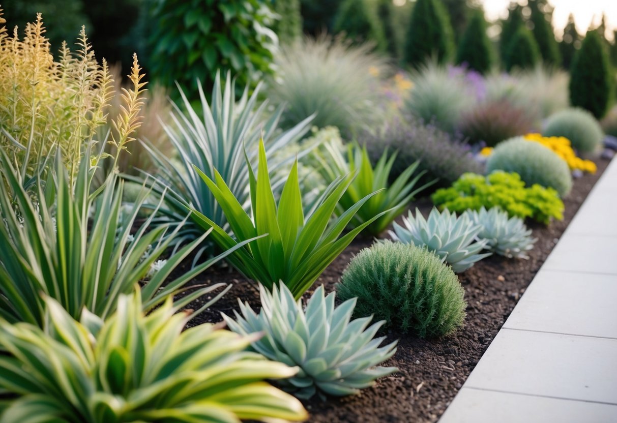 A variety of native plants arranged in a modern landscaped garden, showcasing sustainable biodiversity practices