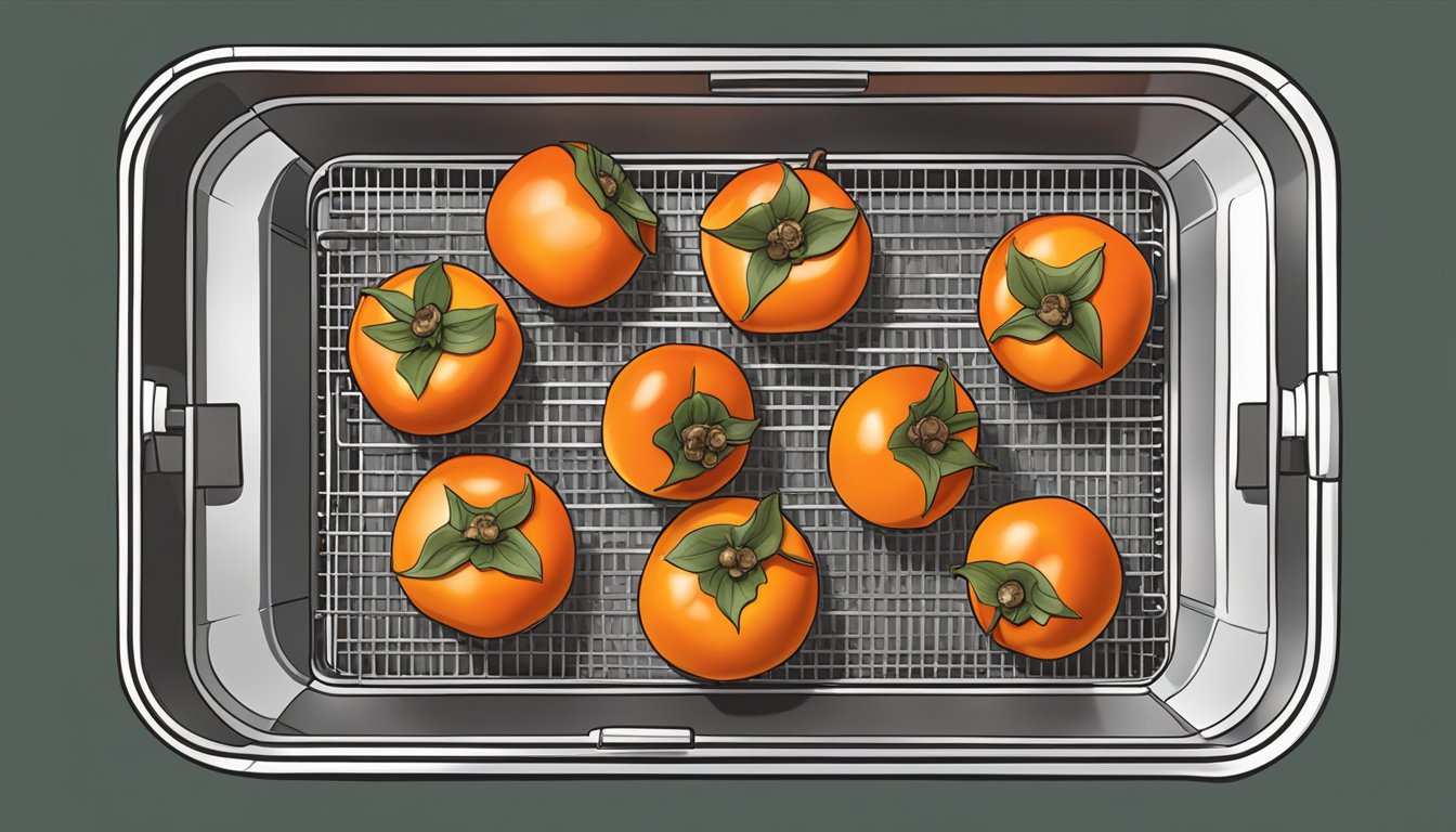 Persimmons arranged on air fryer tray, set to low heat, with door closed