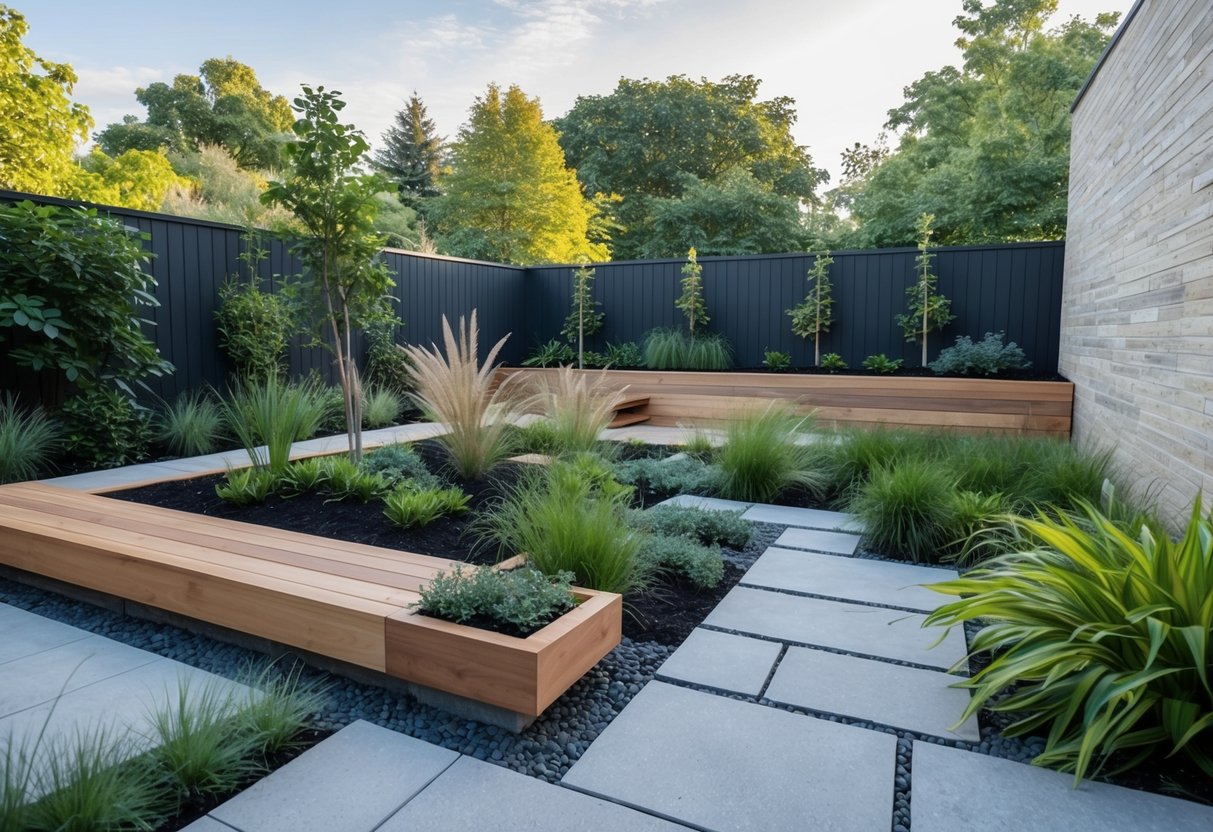 A modern garden with eco-friendly hardscaping and materials, featuring recycled wood, permeable pavers, and native plants
